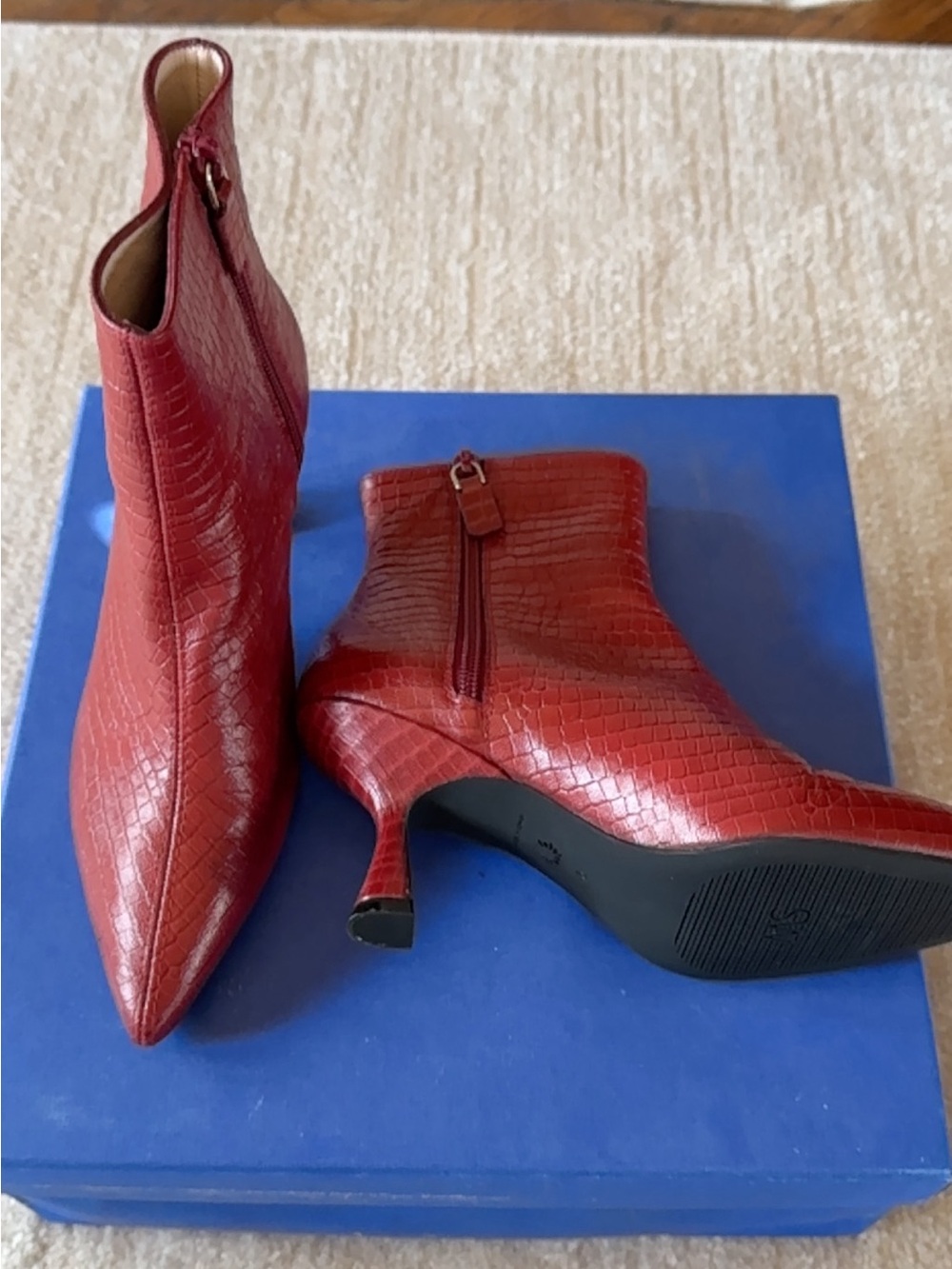New Red Croc-Embossed Pointed Toe Ankle Boots - Women